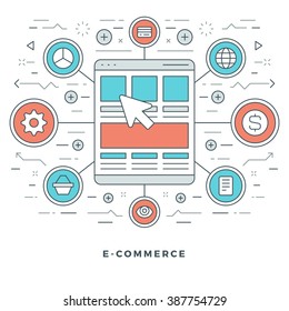 Flat line Online Shopping and E-Commerce Vector illustration. Modern thin linear stroke vector icons.