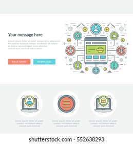 Línea plana de compras en línea y comercio electrónico. Ilustración vectorial. Iconos vectoriales de trazo lineal delgado moderno. Gráficos de sitios web, Banner, Diseño de infografías, Materiales promocionales. 