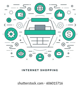 Flat line Online Shopping and E-Commerce. Vector illustration. Modern thin linear stroke vector icons. For Website Graphics, Infographics Design, Promotional Materials.