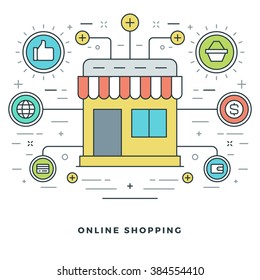 Flat Line Online Shopping And Market Place Vector Illustration. Modern Thin Linear Stroke Vector Icons. Website Header Graphics, Banner, Infographics Design, Promotional Materials. Vector Icons.