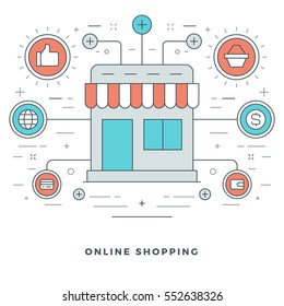 Flat line Online Shopping and Market Place Vector illustration. Modern thin linear stroke vector icons. Website Header Graphics, Banner, Infographics Design, Promotional Materials. 