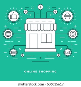 Flat line Online Shopping and Market Place Vector illustration. Modern thin linear stroke vector icons. For Website Graphics, Infographics Design, Promotional Materials.