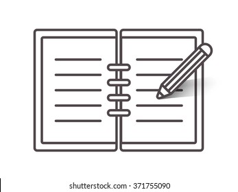 Flat line open notebook icon with pencil