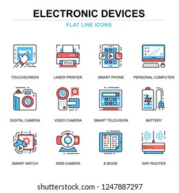 Flat line personal computer devices icons concepts set for website and mobile site and apps. Consumer electronics technology. Thin line color simple pictogram pack. Vector illustration.