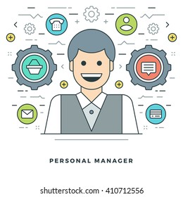 Flat line Personal Manager Concept Vector illustration. Modern thin linear stroke vector icons. Website Header Graphics, Banner, Infographics Design, Promotional Materials. Vector Icons.