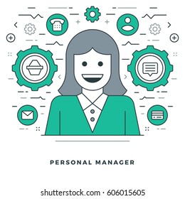Flat line Personal Manager and Support. Vector illustration. Modern thin linear stroke vector icons. For Website Graphics, Infographics Design, Promotional Materials.