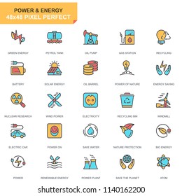 Flat line power industry and energy icons set for website and mobile site and apps. Contains such Icons as Recycling, Petrol Tank, Oil Pump. 48x48 Pixel Perfect. Pictogram pack. Vector illustration.