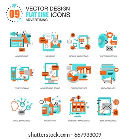 Flat line promo and advertising icons concepts set for website and mobile site and apps. Marketing media, product promotion ads. New style flat simple pictogram pack. Vector illustration.