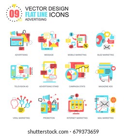 Flat line promo and advertising icons concepts set for website and mobile site and apps. Marketing media, product promotion ads. New style flat simple pictogram pack. Vector illustration.