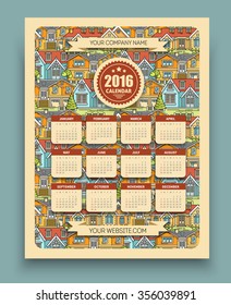 Flat line real estate calendar 2016 year template. Linear houses architecture vector illustration. Outlined stroke realty background with place for your text. New Year design. House calendar grid 2016