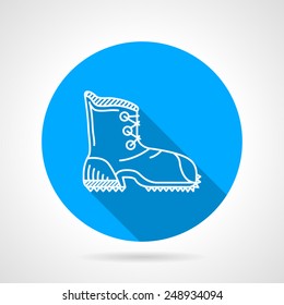 Flat line round blue vector icon with white contour hike boot a side view on gray background. Long shadow design