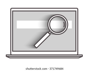 Flat line search concept with open laptopfront view and magnifying glass over the screen search