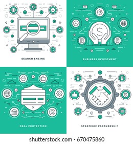 Flat line Search Engine, Investment, Deal Protection Business Concepts Set Vector illustrations. Modern thin linear stroke vector icons. Website Header Graphics, Banner, Infographics Design.