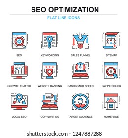 Flat line seo optimization icons concepts set for website and mobile site and apps. Search optimization, growth traffic and copywriting. Thin line color simple pictogram pack. Vector illustration.