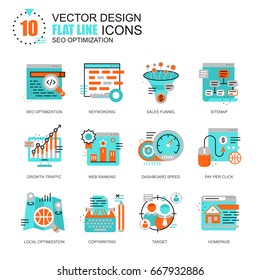 Flat line seo optimization icons concepts set for website and mobile site and apps. Search optimization, growth traffic and copywriting. New style flat simple pictogram pack. Vector illustration.