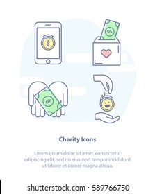 Flat line set icon concept for Nonprofit Organizations, Donation or Charity Centre, Fundraising and Crowdfunding Symbols. Vector illustrations.