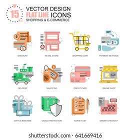 Flat line shopping and e-commerce icons concepts set for website and mobile site and apps. Delivery goods, market gifts and bonuses. New style flat simple pictogram pack. Vector illustration.