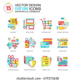Flat line shopping and e-commerce icons concepts set for website and mobile site and apps. Delivery goods, market gifts and bonuses. New style flat simple pictogram pack. Vector illustration.