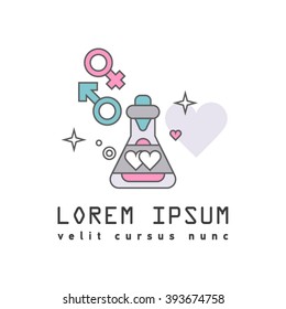 Flat line sign of love potion or flask with magic elixir. Male and female signs. Aphrodisiac. Logo of love or romance relationships. Happy Valentine's day