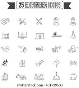 Flat line silhouette Civil engineering, maintenance labor, excavator transport and construction site industry graphic tool equipment sign and symbol icon collection set, create by vector 