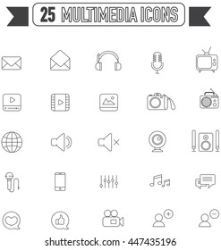 Flat line silhouette multimedia and social media tool equipment sign and symbol icon collection set, create by vector