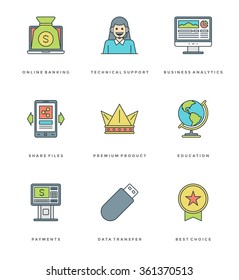 Flat line simple icons set. Thin linear stroke vector icons Essentials objects concept. For website graphics, Mobile Apps, Infographics design, Brochures, Banners, Headers. Outline pictogram pack.