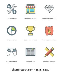 Flat line simple icons set. Thin linear stroke vector icons Essentials objects symbols. For website graphics, Mobile Apps, Infographics design, Brochures, Banners, Headers. Outline pictogram pack.