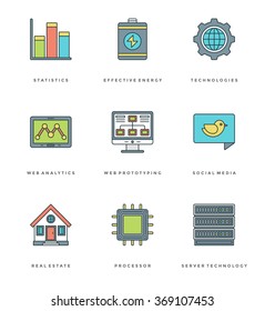 Flat line simple icons set. Thin linear stroke vector icons Essentials objects symbols. For website graphics, Mobile Apps, Infographics design, Brochures, Banners, Headers. Outline pictogram pack.