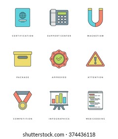Flat line simple icons set. Thin linear stroke vector icons Essentials objects symbols. For website graphics, Mobile Apps, Infographics design, Brochures, Banners, Headers. Outline pictogram pack.