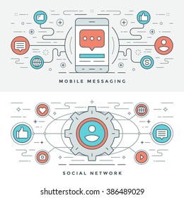 Flat line Social Media and Mobile Messaging. Vector illustration. Modern thin linear stroke vector icons. Website Header Graphics, Banner, Infographics Design, Promotional Materials. Vector Icons.