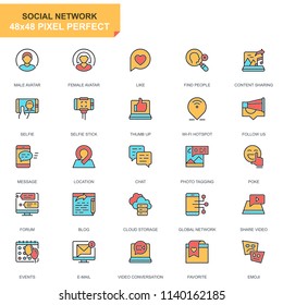 Flat line social media and network icons set for website and mobile site and apps. Contains such Icons as Avatar, Blogging, Selfie. 48x48 Pixel Perfect. Pictogram pack. Vector illustration.