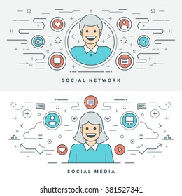 Flat line Social Media and Network Concept Vector illustration. Modern thin linear stroke vector icons. Website Header Graphics, Banner, Infographics Design, Promotional Materials. People Icons. Flat line Social Media and Network Concept Vector illustration. Modern thin linear stroke vector icons. Website Header Graphics, Banner, Infographics Design, Promotional Materials. People Icons.