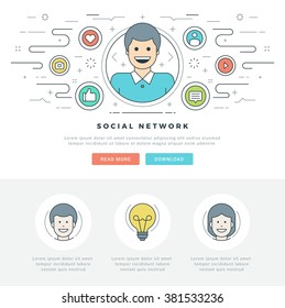 Flat line Social Media and Network Concept Vector illustration. Modern thin linear stroke vector icons. For website graphics, Mobile Apps, Web Page Layout design. People Icons.