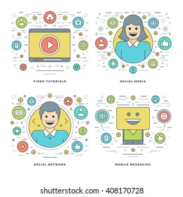 Flat line Social Media and Network, Video Tutorials, Mobile, Business Success Concepts Set Vector illustrations. Modern thin linear stroke vector icons. Website Header Graphics, Banner, Infographics. 