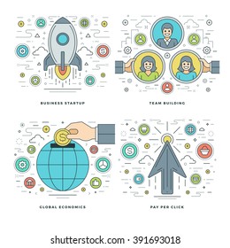 Flat line Start up, Team Building, Global Economics, Business Success Concepts Set Vector illustrations. Modern thin linear stroke vector icons. Website Header Graphics, Banner, Infographics. 