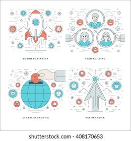 Flat line Start up, Team Building, Global Economics, Business Success Concepts Set Vector illustrations. Modern thin linear stroke vector icons. Website Header Graphics, Banner, Infographics.