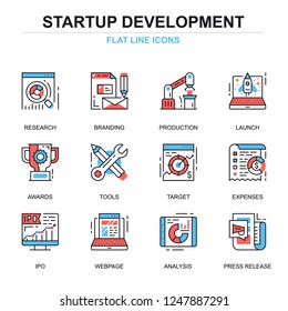 Flat line startup your project icons concepts set for website and mobile site and apps. Startup development, market research. Thin line color simple pictogram pack. Vector illustration.