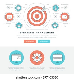 Flat line Strategic Management Concept Vector illustration. Modern thin linear stroke vector icons. For website graphics, Mobile Apps, Web Page Layout design. 