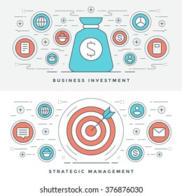 Flat line Strategic Management and Investment. Vector illustration. Modern thin linear stroke vector icons. Website Header Graphics, Banner, Infographics Design, Promotional Materials. Vector Icons.