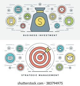 Flat line Strategic Management and Investment. Vector illustration. Modern thin linear stroke vector icons. Website Header Graphics, Banner, Infographics Design, Promotional Materials. Vector Icons.