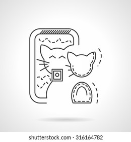 Flat line style cat selfie vector icon. Cute cat taking selfie photo at a mirror. Web design elements.