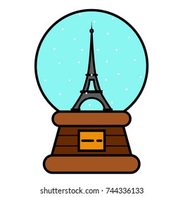 Flat line style illustration. Glass snow globe with the Eiffel tower inside.