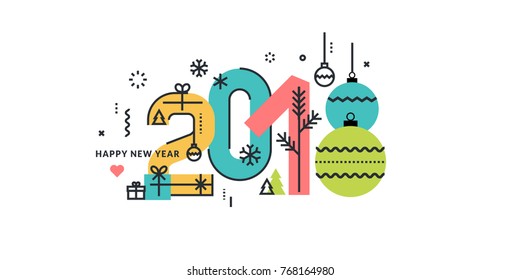 Flat line style New Year 2018 greeting card. Vector illustration concept for greeting cards, website and mobile banners, marketing material.