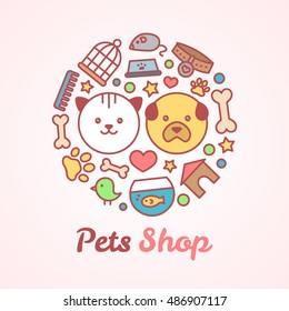 Flat line style pets shop illustration in the form of a circle. For pets shop or veterinary  logo design concept. Goods for animals, vector icons set isolated on white background