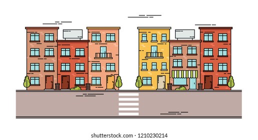 Flat Line Style Street. Vector Illustration