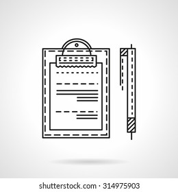 Flat line style vector icon for business paper. Document on clipboard and pen. Agreement, contract, paperwork. Design elements for business and website