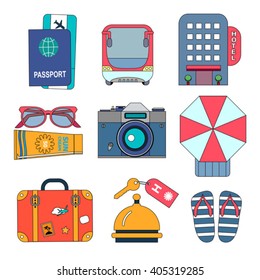 Flat line style vector icons for summer vacation