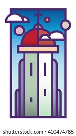 Flat line style vector illustration of a church tower with cross sign and clouds