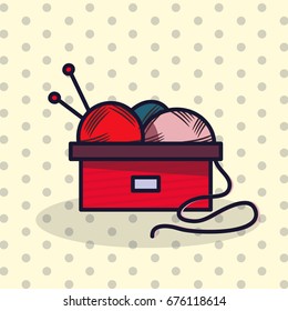 Flat line style vector illustration. Illustration of a box full of knitting materials with polka dot background.