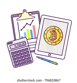 Flat line style vector illustration. Concept for business analysis, consulting, and financial audit. Bitcoin and cryptocurrency sigh. Digital money, block chain, finance symbol.